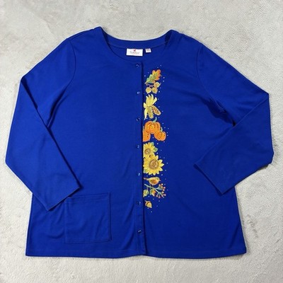 Quacker Factory Pearl Snap Fall Pumpkin Sunflower Bird Cardigan Blue Women s 1X
