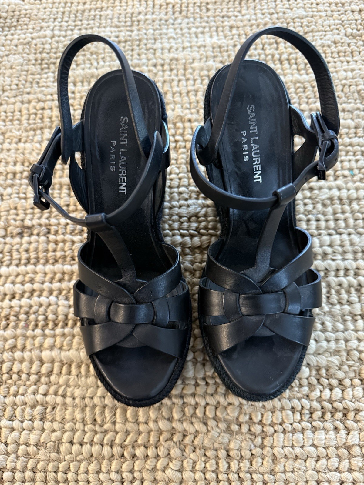 YSL Saint Laurent Black Leather Tribute Espadrille Wedge Sandals Size 39 9