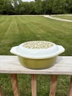 Vintage Pyrex Verde Covered Casserole Dish Olive & Leaves Lid Green Yellow Glass