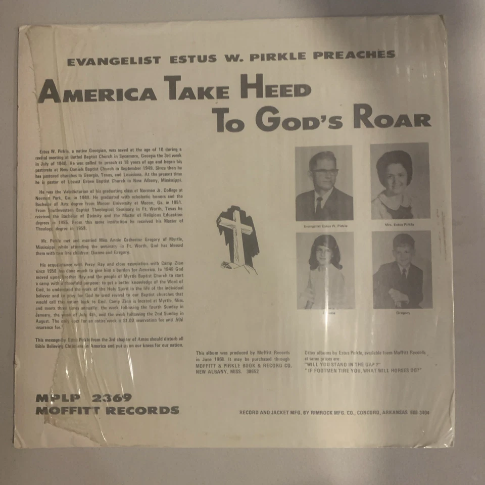 Estus W Pirkle, LP, VG+, America Take Heed To God's Roar *Sermon* - Image 2 of 4