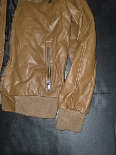 GUESS Men's Brown Faux Leather Lined Bomber Jacket Full Zip Size M image 5
