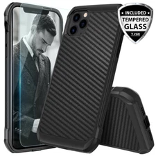 For iPhone 15 14 11/Pro/Max Phone Case Carbon Fiber Hard Cover+Tempered Glass