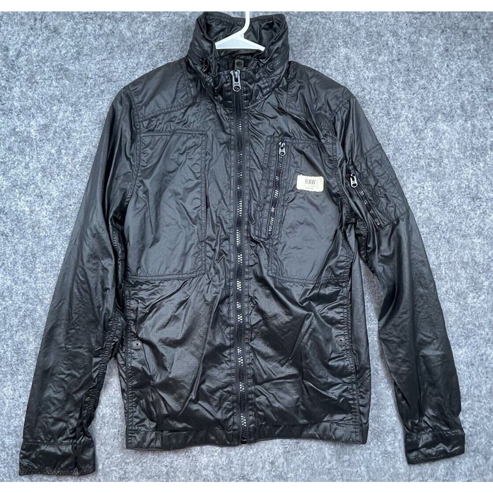 G Star Raw Jacket Womens Large Black Overshirt Cargo Line Hidden Hood Shiny