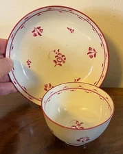 Antique 18th Century English Georgian Porcelain Tea Cup & Saucer in Puce Sprig