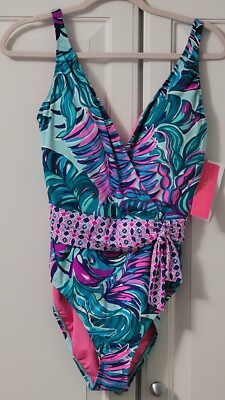 Lilly Pulitzer Emori Sz 12 One-Piece Swimsuit Seasalt Blue Pink Multi-Color Leaf