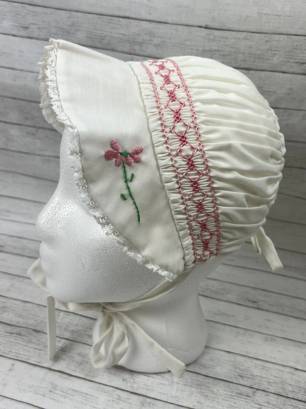 vintage Baby Girl Hand Smocked Bonnet Off White Pink Lace Embroidered Flower