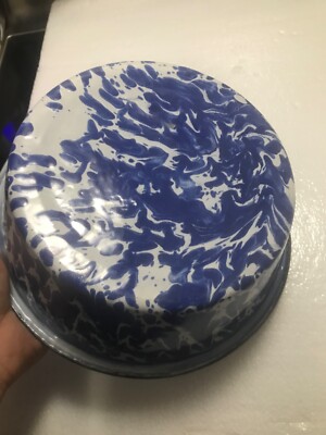 RARE SHINY BLUE WHITE SWIRL NM PUDDING/MILK PAN GRANITEWARE ENAMELWARE ANTIQUE!