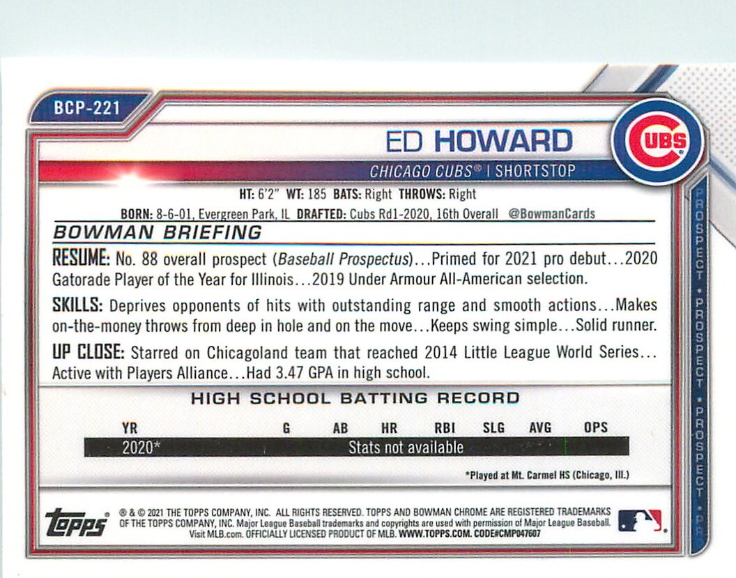Ed Howard 2021 Bowman Chrome Prospect Card #BCP-221 Chicago Cubs Rookie ...