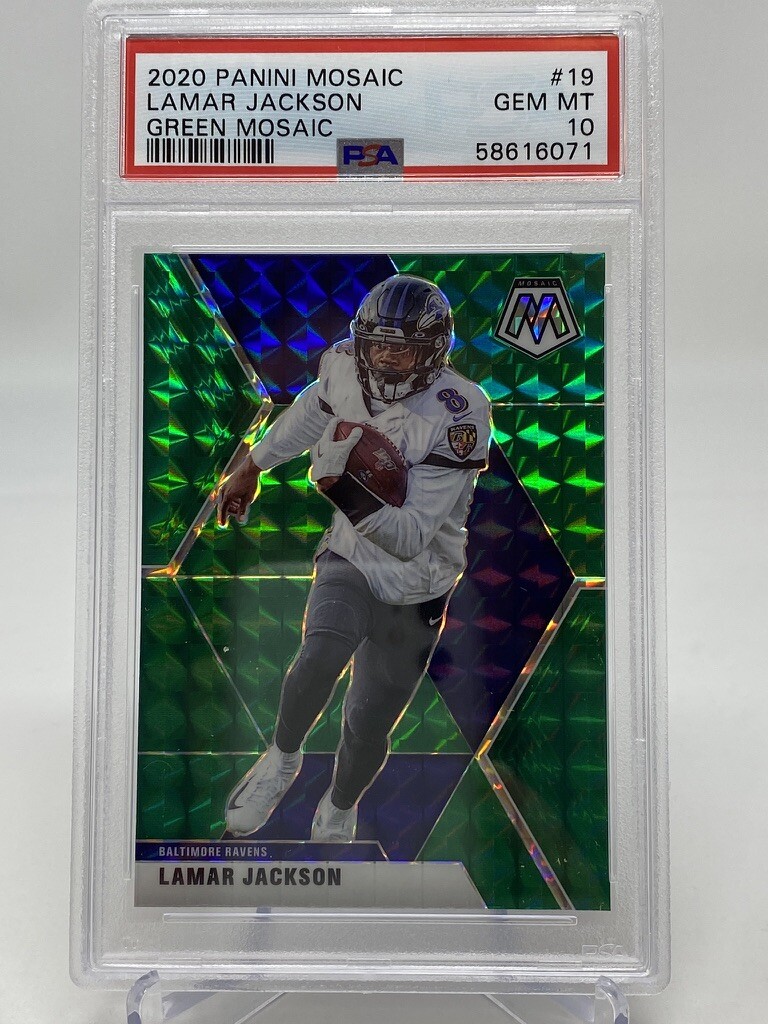 2020 Panini Mosaic #19 Lamar Jackson Green Mosaic - PSA 10 view 5