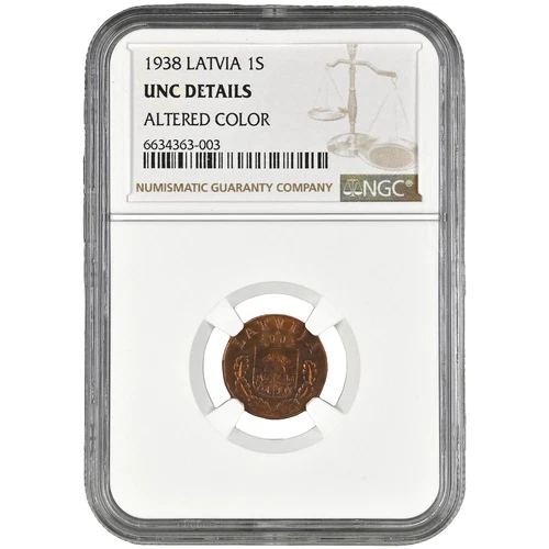 Coin in NGC slab "1 santims 1938, Latvia, UNC Details, Altered color"