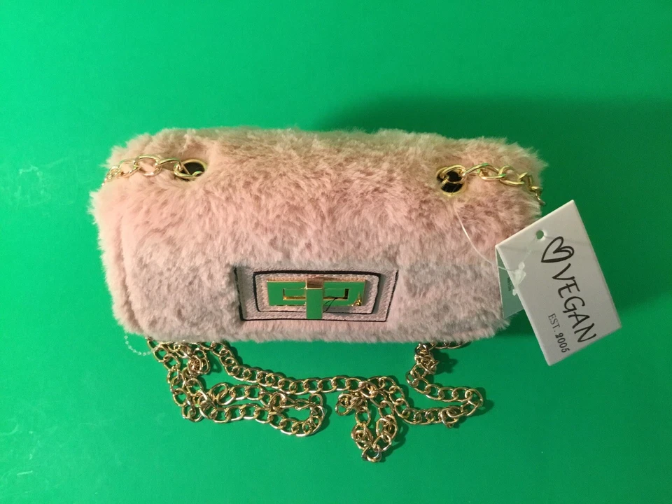 VEGAN Woman’s Handbag Faux Fur Pink w/Gold - Image 4 of 4