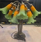 Vintage 80s Tiffany Style 10-Light Lily Pad Lamp Amber Green Tulip Art Glass 22"