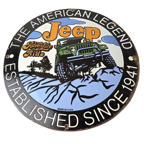Vintage Jeep Porcelain Sign - Adventure Ride Gas Service Station Pump Plate Sign