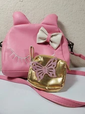 Kids Pink Kitty Handbag For Little Girls And 1 Small Coin Purse Free