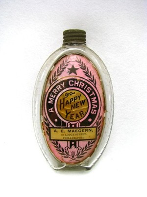 Antique Pre-Prohibition Merry Christmas Whiskey Flask LUG Label Under Glass
