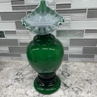 FENTON GREEN WITH WHITE OVERLAY JACK IN THE PULPIT VASE 9.5"