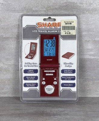 Sharp LCD Ultra Slim Folding Travel Alarm Clock Lighted Display Temp F/C Red NEW