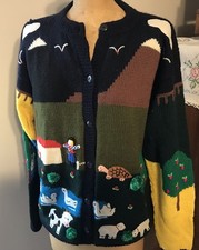 Vintage Hand Knit 3D Appliqu Sweater Farm Scene Animals