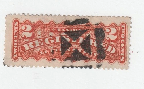CANADA # F1- VF-2cts REGISTRATION STAMP WITH SON FLAG WEIRD CORK CANCEL