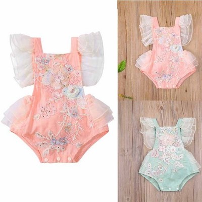 Newborn Baby Girl Ruffle Fly Sleeve Lace Jumpsuit Tutu Romper Dress