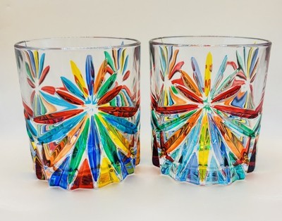 2 venezianische ZECCHIN Stil Murano Whisky Gläser - Handmade in Italy bunt 