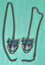 Pair of OWL Pendants W/Colorful Rhinestones Necklaces In Bronze Tone