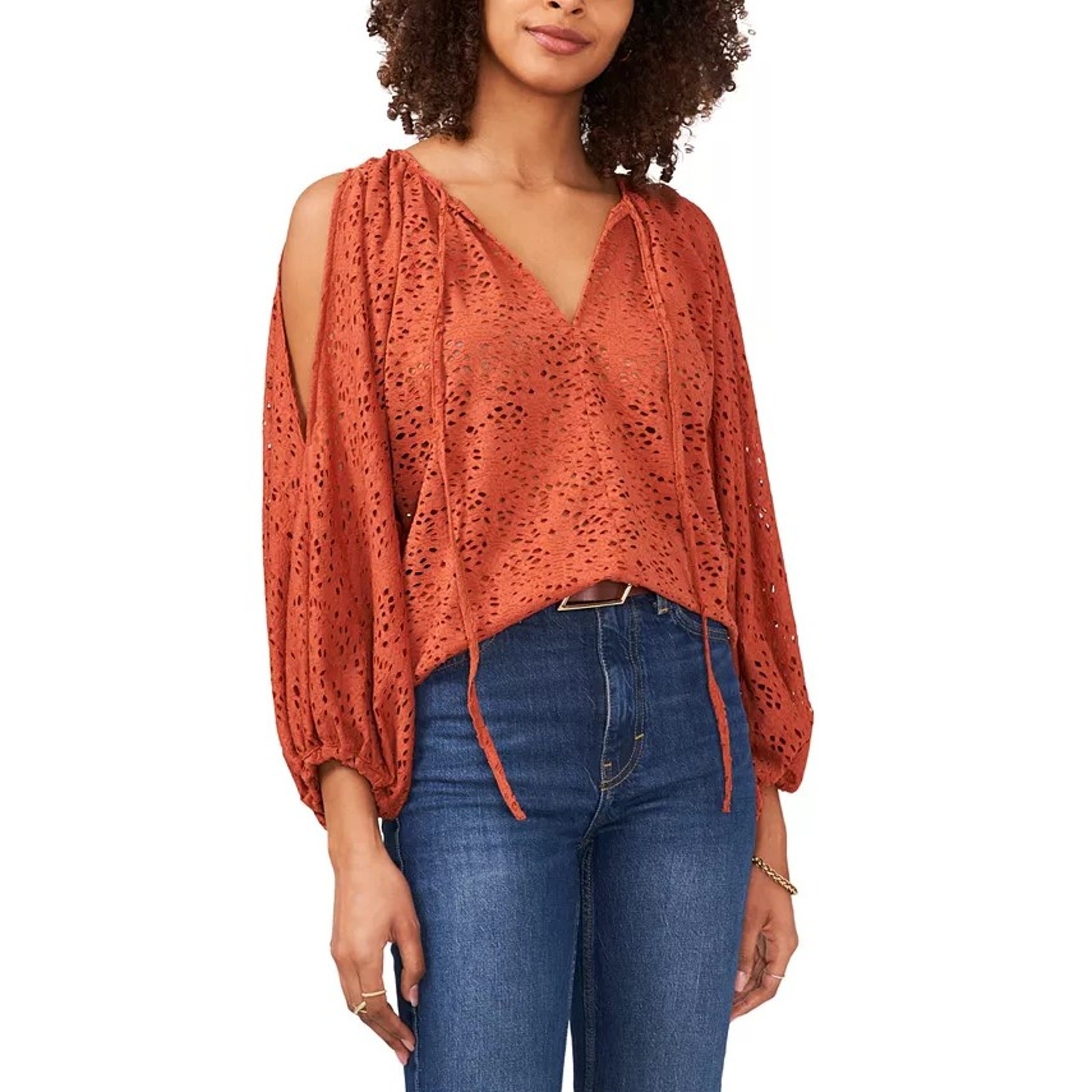 Vince Camuto Women Rust Eyelet Boho Relaxed Puff Sleeve V-neck Blouse Top Size S