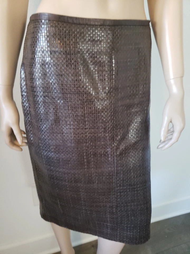 Max Mara Women's Brown Woven Leather Skirt Size 10 - Image 2 of 4