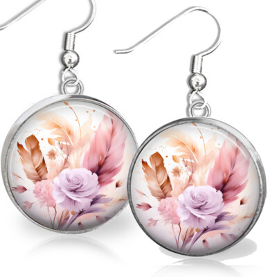 Pink & Lilac Bohemian Art Print Dried Flowers Feathers Floral Boho Gift Earrings