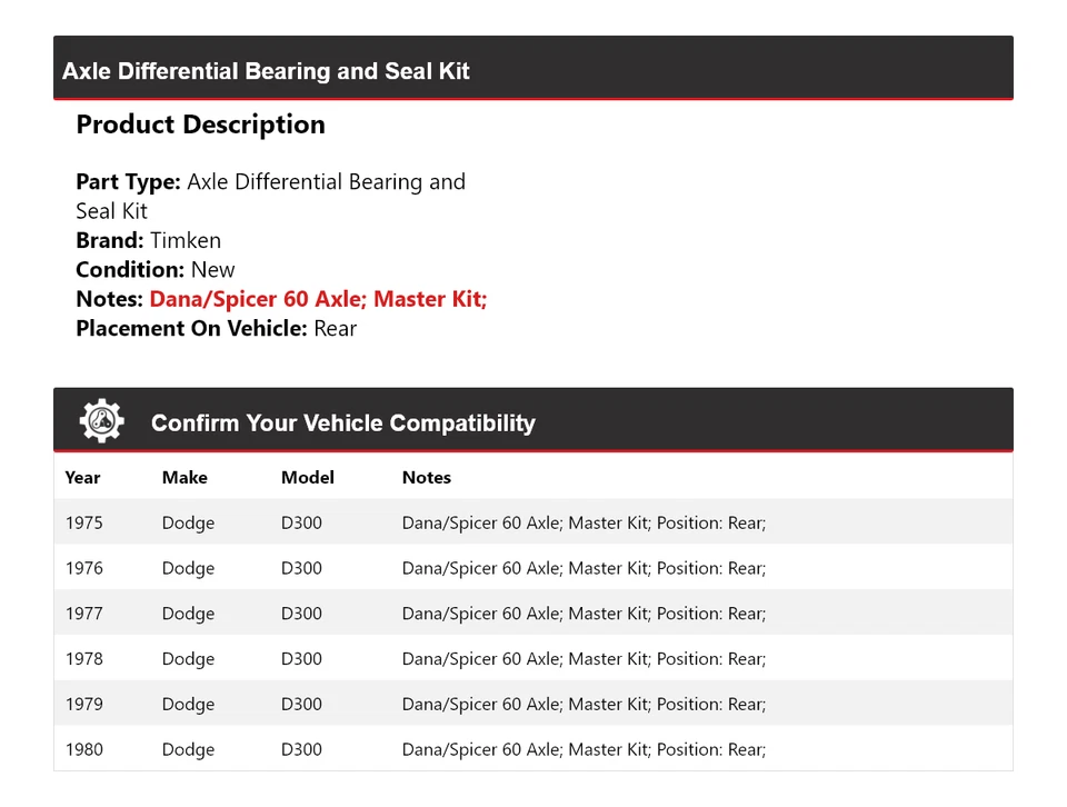 Комплект подшипников дифференциала и уплотнений для задней оси Dodge D300 1975-1980 годов выпуска Timken 1976 - Изображение 2 из 3