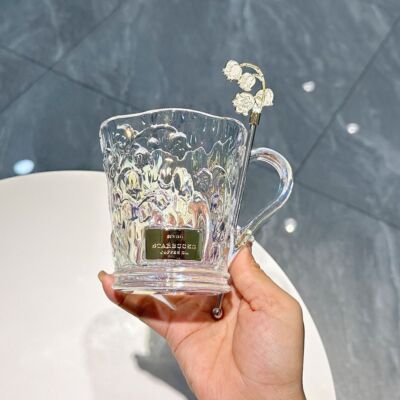 White Lily of the Valley Cameo Ceramic Mug Clear Glass Mug Starbucks w/Stick