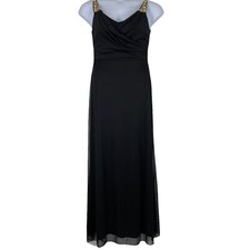 Onyx Nite Sz 8 Formal Dress Maxi Sleeveless Cowl Neck Gold Rhinestone Straps NEW