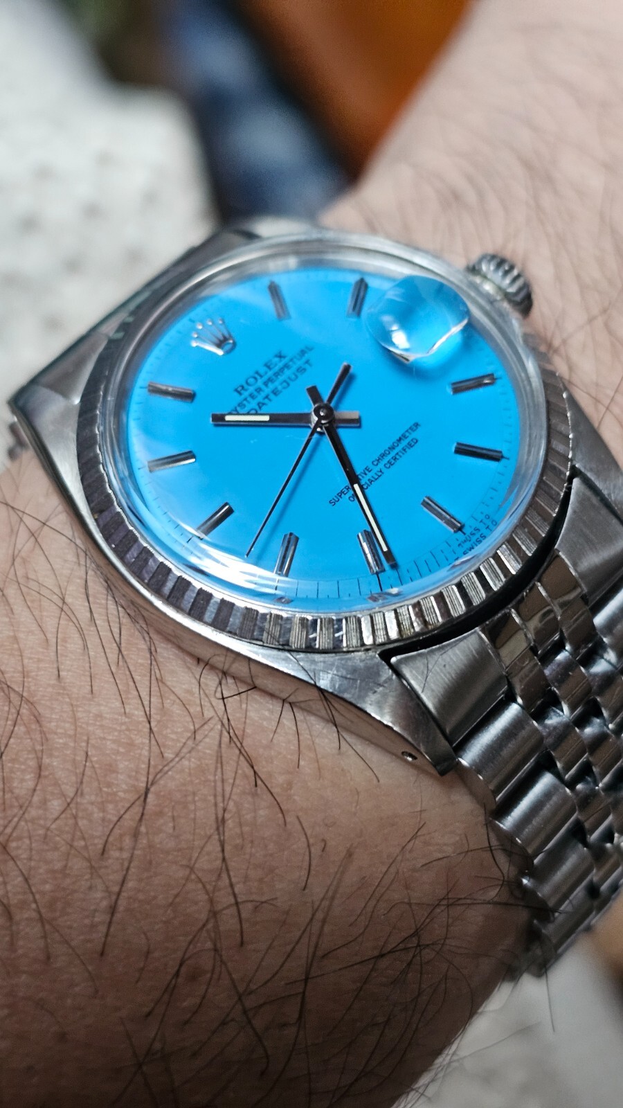 VINTAGE ROLEX 1603 TURQUOISE BLUE DIAL MEN'S AUTOMATIC WATCH 1969