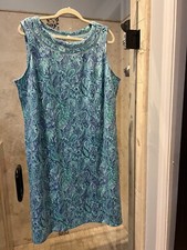 Nwt Talbots 2X Green Purple Swirl Print Shift Crochet Neck Sleeveless Dress