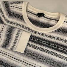 Talbots Women  s L Sweater Ivory Gray Nordic Fair Isle Crew Wool Blend