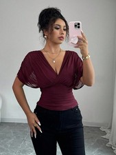 New Arrivals T-shirt Tops Women's Elastic mesh deep V-neck Waist-cinching  Yi21 