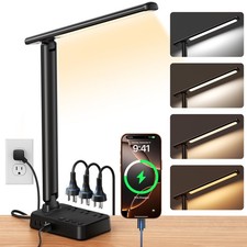 Desk Lamp with Power Strip, 3 AC Outlets  4 USB Ports 2 USB- , Stepless Dim...