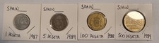 Spain Coins Lot. 1, 5, 100 & 500 Peseta Coin. 1987-1989. Carded.