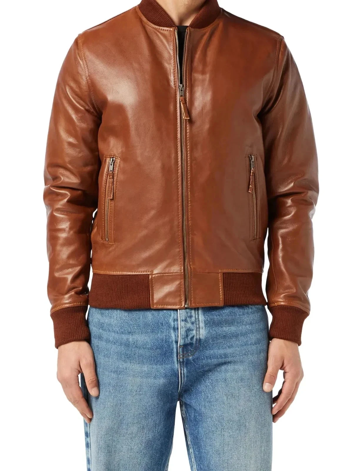 Men's Brown Real Lambskin Leather Flight Bomber Jacket Biker Style Classic Coat