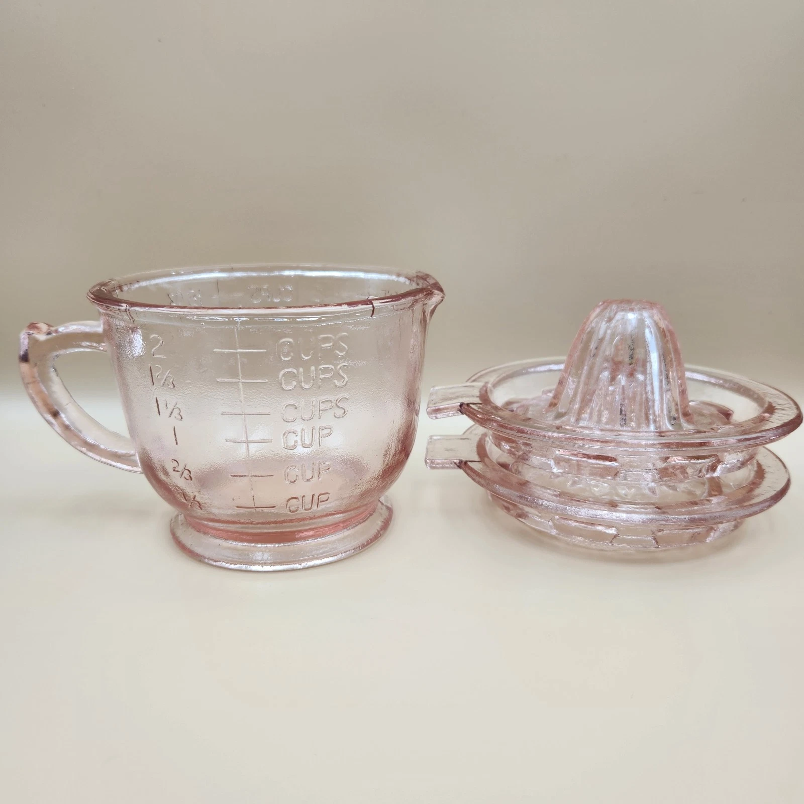 Vintage Pink Depression Glass Measuring & Mixing Cup w/ 2 Juicers