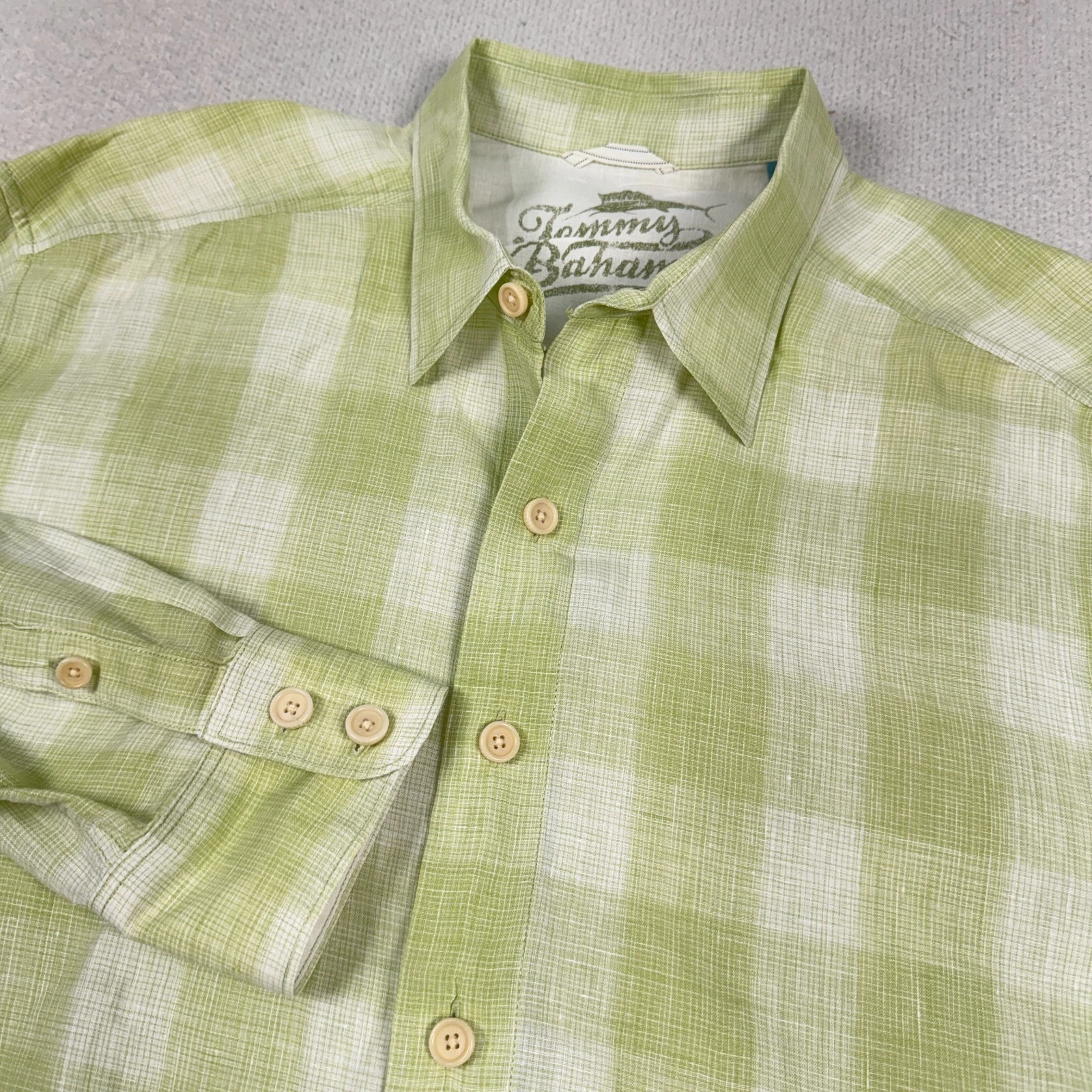 Tommy Bahama Relax 100% Linen Shirt Mens XL Button Up Long Sleeve Check Green