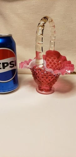 Fenton Cranberry Hobnail Opalescent Basket. 1940-1977. 6-1/2"high.