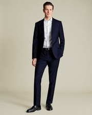 Charles Tyrwhitt, Navy, Italian Cotton Suit Pants, 36/Unhemmed, Slim Fit