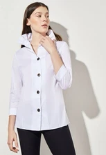 Ming Wang Poplin Ruffle Collar Button Front Blouse Size M 3/4 Sleeves Lagenlook