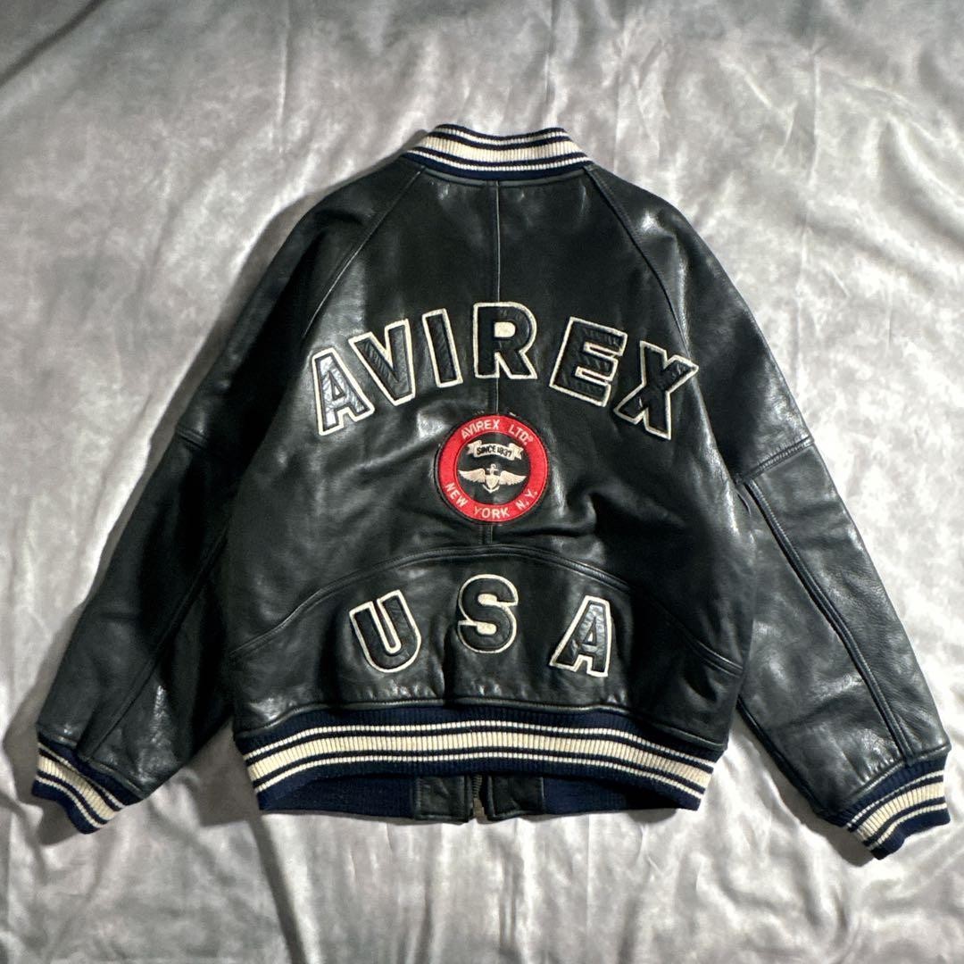 Men's AVIREX Black Leather Varsity Jacket with Arch Logo - Rare