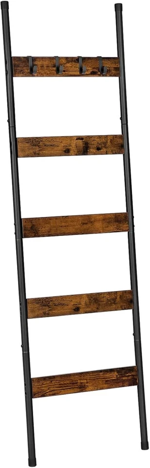 Wall Leaning Blanket Ladder Towel Rack with Hooks Rustic Brown Black - Image 3 of 4