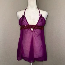 Dreamgirl Babydoll Lingerie Womens One Size Purple Sheer Sequin Lace Trim Halter