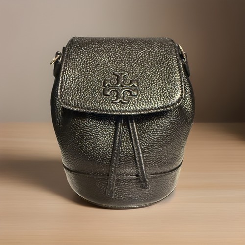 Tory Buch Mini Thea Back Pack Bucket  Bag Black Pebbled With Gold Hardware