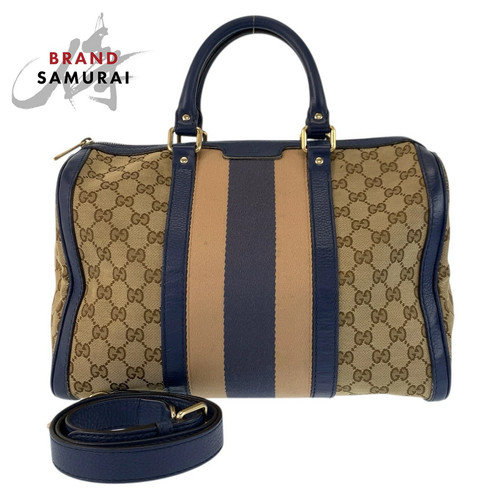 GUCCI Sherry Line GG Canvas Leather Handbag Beige Blue Gold Metal Used