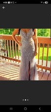 Silver Embellished Slit Formal Evening Prom Gown Dress